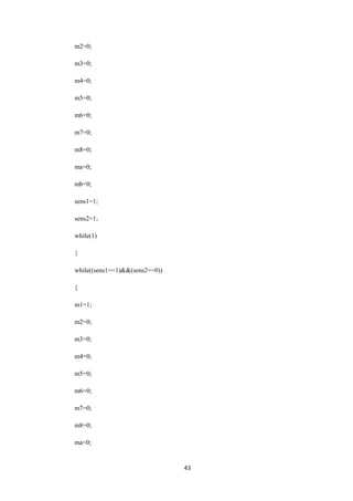 43 
m2=0; 
m3=0; 
m4=0; 
m5=0; 
m6=0; 
m7=0; 
m8=0; 
ma=0; 
mb=0; 
sens1=1; 
sens2=1; 
while(1) 
{ 
while((sens1==1)&&(sens2==0)) 
{ 
m1=1; 
m2=0; 
m3=0; 
m4=0; 
m5=0; 
m6=0; 
m7=0; 
m8=0; 
ma=0; 
 