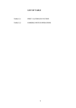 LIST OF TABLE 
TABLE 2.1 PORT 3 ALTERNATE FUCTION 
TABLE 2.2 H BRIDGE SWITCH OPERATIONS 
6 
 