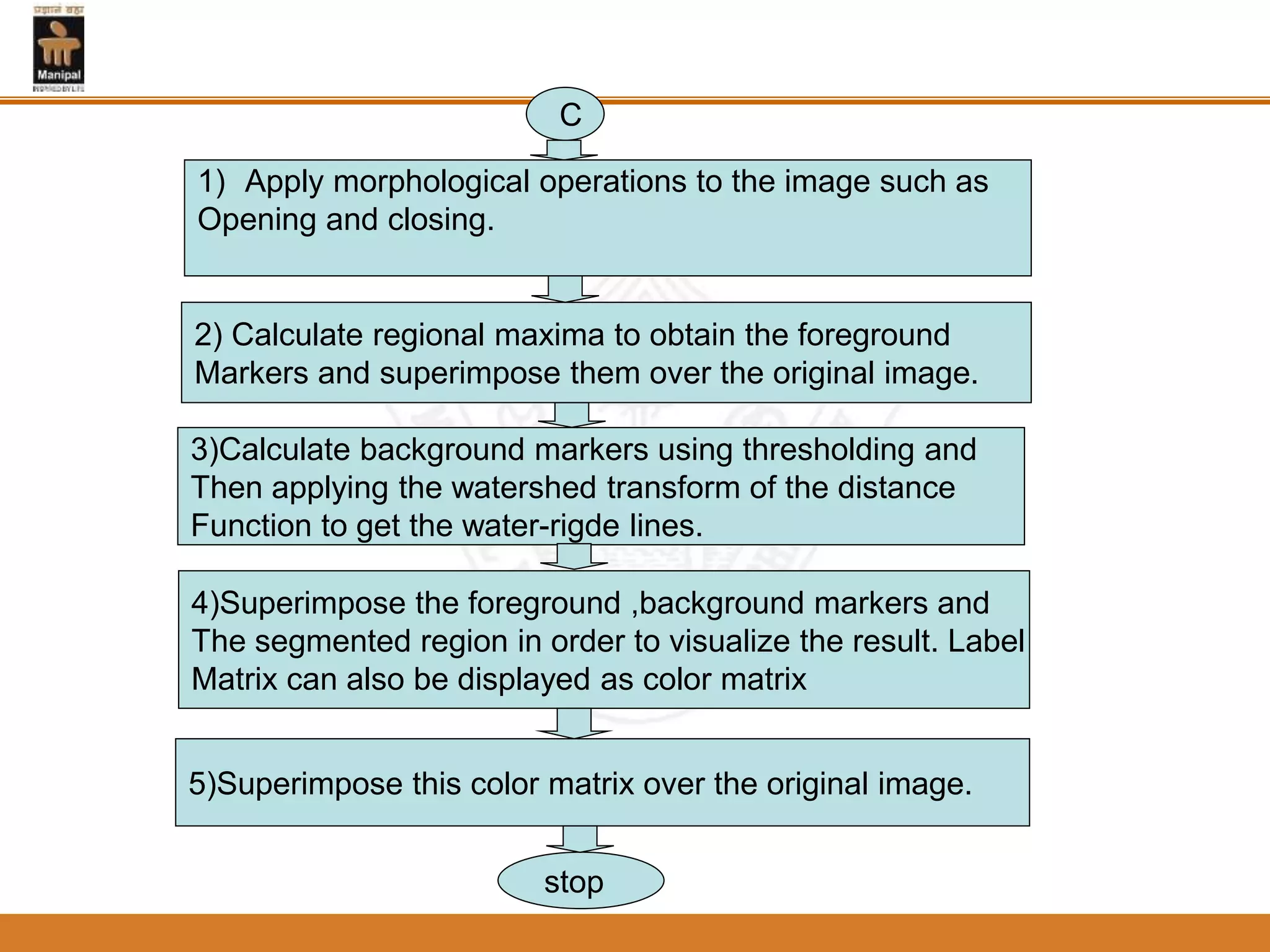 1) Apply morphological operations to the image such as
Opening and closing.
2) Calculate regional maxima to obtain the foreground
Markers and superimpose them over the original image.
3)Calculate background markers using thresholding and
Then applying the watershed transform of the distance
Function to get the water-rigde lines.
4)Superimpose the foreground ,background markers and
The segmented region in order to visualize the result. Label
Matrix can also be displayed as color matrix
stop
C
5)Superimpose this color matrix over the original image.
 