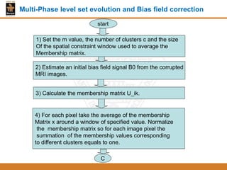 1) Set the m value, the number of clusters c and the size
Of the spatial constraint window used to average the
Membership matrix.
2) Estimate an initial bias field signal B0 from the corrupted
MRI images.
3) Calculate the membership matrix U_ik.
4) For each pixel take the average of the membership
Matrix x around a window of specified value. Normalize
the membership matrix so for each image pixel the
summation of the membership values corresponding
to different clusters equals to one.
C
start
Multi-Phase level set evolution and Bias field correction
 