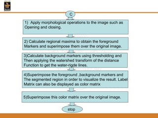 1) Apply morphological operations to the image such as
Opening and closing.
2) Calculate regional maxima to obtain the foreground
Markers and superimpose them over the original image.
3)Calculate background markers using thresholding and
Then applying the watershed transform of the distance
Function to get the water-rigde lines.
4)Superimpose the foreground ,background markers and
The segmented region in order to visualize the result. Label
Matrix can also be displayed as color matrix
stop
C
5)Superimpose this color matrix over the original image.
 