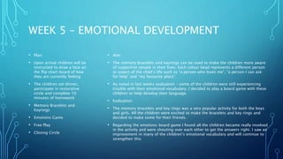 WEEK 5 – EMOTIONAL DEVELOPMENT
• Plan:
• Upon arrival children will be
instructed to draw a face on
the flip chart board of how
they are currently feeling
• The children eat dinner,
participate in restorative
circle and complete 10
minutes of homework
• Memory Bracelets and
Keyrings
• Emotions Game
• Free Play
• Closing Circle
• Aim:
• The memory bracelets and keyrings can be used to make the children more aware
of supportive people in their lives. Each colour bead represents a different person
or aspect of the child’s life such as “a person who loves me”, “a person I can ask
for help” and “my favourite place”.
• As noted in last weeks evaluation – some of the children were still experiencing
trouble with their emotional vocabulary. I decided to play a board game with these
children to help develop their language.
• Evaluation:
• The memory bracelets and key rings was a very popular activity for both the boys
and girls. All the children were excited to make the bracelets and key rings and
decided to make some for their friends.
• Regarding the emotions board game I found all the children became really involved
in the activity and were shouting over each other to get the answers right. I saw an
improvement in many of the children’s emotional vocabulary and will continue to
strengthen this
 