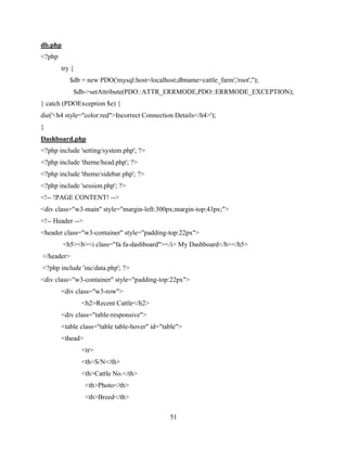 51
db.php
<?php
try {
$db = new PDO('mysql:host=localhost;dbname=cattle_farm','root','');
$db->setAttribute(PDO::ATTR_ERRMODE,PDO::ERRMODE_EXCEPTION);
} catch (PDOException $e) {
die('<h4 style="color:red">Incorrect Connection Details</h4>');
}
Dashboard.php
<?php include 'setting/system.php'; ?>
<?php include 'theme/head.php'; ?>
<?php include 'theme/sidebar.php'; ?>
<?php include 'session.php'; ?>
<!-- !PAGE CONTENT! -->
<div class="w3-main" style="margin-left:300px;margin-top:43px;">
<!-- Header -->
<header class="w3-container" style="padding-top:22px">
<h5><b><i class="fa fa-dashboard"></i> My Dashboard</b></h5>
</header>
<?php include 'inc/data.php'; ?>
<div class="w3-container" style="padding-top:22px">
<div class="w3-row">
<h2>Recent Cattle</h2>
<div class="table-responsive">
<table class="table table-hover" id="table">
<thead>
<tr>
<th>S/N</th>
<th>Cattle No.</th>
<th>Photo</th>
<th>Breed</th>
 