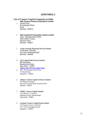 APPENDIX-2
List of Venture Capital Companies in India
1.
20th Century Finance Corporation Limited
Centre Point
Dr.Ambedkar Road
Parel
Mumbai - 400012
2. AIG Investment Corporation (Asia) Limited
India - Representative Office
2634 Oberoi Towers
Nariman Point
Mumbai - 400021
3. Acuity Strategic Financials Private Limited
14 Santosh, 2nd floor
242 Lady Jamshedji Road
Mumbai - 400028
4. AIA Capital India Private Limited
9B Hansalaya
Barakhamba Road
New Delhi - 110001
5.
Alliance DLJ Private Equity Fund
404 / 405 Prestige Centre Point
7 Edward Road
Bangalore - 560052
6. Alliance Venture Capital Advisors Limited
607 Raheja Chambers
Free Press Journal Road, Nariman Point
Mumbai - 400021
7. APIDC Venture Capital Limited
1102 Block A, 11th floor
Babukhan Estate, Basheerbagh
Hyderabad - 500001
8. Canbank Venture Capital Fund Limited
2/F Kareem Towers, 11th floor
19/5 -19/6 Cunningham Road
Bangalore - 560052
74
 