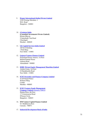 9. Draper International (India) Private Limited
V203 Prestige Meridian -1
M.G. Road
Bangalore - 560001
10. eVentures India
(Consultair Investments Private Limited)
Khetan Bhavan
8 Jameshedji Tata Road
Churchgate
Mumbai - 400020
11. GE Capital Services India Limited
AIFACS Building
1 Rafi Marg
New Delhi - 110001
12. Gujarat Venture Finance Limited
Premchand House Annexe, 1st floor
Behind Popular House
Ashram Road
Ahmedabad - 380009
13. HSBC Private Equity Management Mauritius Limited
Ashoka Estate, 3rd floor
24 Barakhamba Road
New Delhi - 110001
14. ICICI Securities and Finance Company Limited
41/44 Strand Palace
M.Desai Marg
Colaba
Mumbai - 400005
15. ICICI Venture Funds Management
Company Limited (formerly TDICI)
Raheja Plaza, 4th floor
17 Commissariat Road
D'Souza Circle
Bangalore - 560025
16. IFB Venture Capital Finance Limited
8/1 Middletown Row
Calcutta - 700071
17. Industrial Development Bank of India
75
 