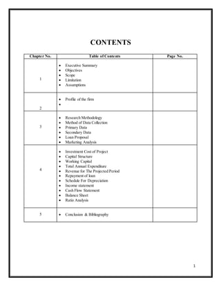 1
CONTENTS
Chapter No. Table of Contents Page No.
1
 Executive Summary
 Objectives
 Scope
 Limitation
 Assumptions
2
 Profile of the firm

3
 Research Methodology
 Method of Data Collection
 Primary Data
 Secondary Data
 Loan Proposal
 Marketing Analysis
4
 Investment Cost of Project
 Capital Structure
 Working Capital
 Total Annual Expenditure
 Revenue for The Projected Period
 Repayment of loan
 Schedule For Depreciation
 Income statement
 Cash Flow Statement
 Balance Sheet
 Ratio Analysis
5  Conclusion & Bibliography
 