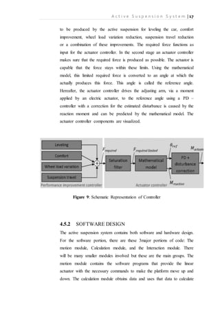 A c t i v e S u s p e n s i o n S y s t e m | 17
to be produced by the active suspension for leveling the car, comfort
improvement, wheel load variation reduction, suspension travel reduction
or a combination of these improvements. The required force functions as
input for the actuator controller. In the second stage an actuator controller
makes sure that the required force is produced as possible. The actuator is
capable that the force stays within these limits. Using the mathematical
model, this limited required force is converted to an angle at which the
actually produces this force. This angle is called the reference angle.
Hereafter, the actuator controller drives the adjusting arm, via a moment
applied by an electric actuator, to the reference angle using a PD –
controller with a correction for the estimated disturbance is caused by the
reaction moment and can be predicted by the mathematical model. The
actuator controller components are visualized.
Figure 9: Schematic Representation of Controller
4.5.2 SOFTWARE DESIGN
The active suspension system contains both software and hardware design.
For the software portion, there are these 3major portions of code: The
motion module, Calculation module, and the Interaction module. There
will be many smaller modules involved but these are the main groups. The
motion module contains the software programs that provide the linear
actuator with the necessary commands to make the platform move up and
down. The calculation module obtains data and uses that data to calculate
 