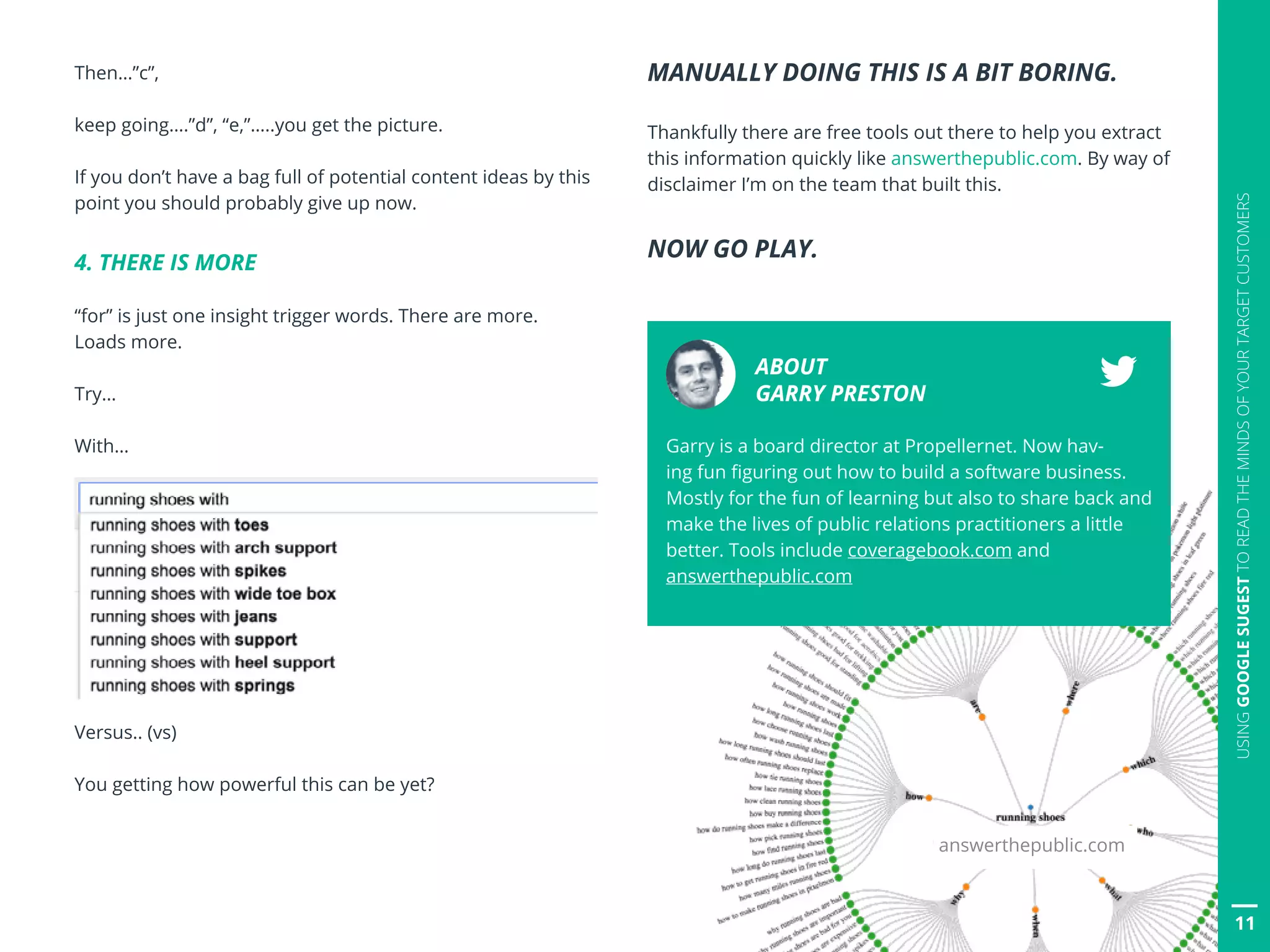 11
USINGGOOGLESUGESTTOREADTHEMINDSOFYOURTARGETCUSTOMERS
MANUALLY DOING THIS IS A BIT BORING.
Thankfully there are free tools out there to help you extract
this information quickly like answerthepublic.com. By way of
disclaimer I’m on the team that built this.
NOW GO PLAY.
Then…”c”,
keep going….”d”, “e,”…..you get the picture.
If you don’t have a bag full of potential content ideas by this
point you should probably give up now.
4. THERE IS MORE
“for” is just one insight trigger words. There are more.
Loads more.
Try…
With…
Versus.. (vs)
You getting how powerful this can be yet?
answerthepublic.com
ABOUT
GARRY PRESTON
Garry is a board director at Propellernet. Now hav-
ing fun figuring out how to build a software business.
Mostly for the fun of learning but also to share back and
make the lives of public relations practitioners a little
better. Tools include coveragebook.com and
answerthepublic.com
 