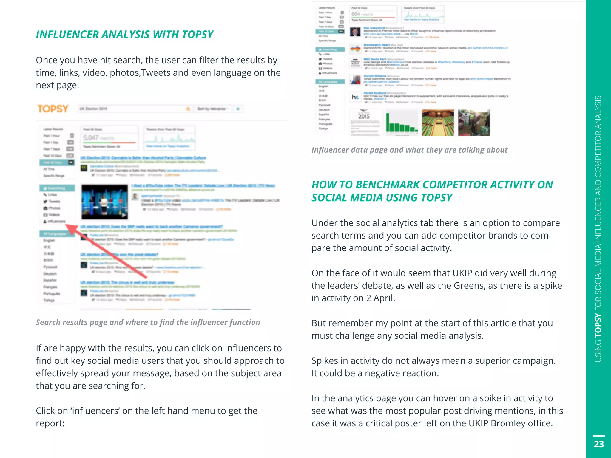 INFLUENCER ANALYSIS WITH TOPSY
Once you have hit search, the user can filter the results by
time, links, video, photos,Tweets and even language on the
next page.
Search results page and where to find the influencer function
If are happy with the results, you can click on influencers to
find out key social media users that you should approach to
effectively spread your message, based on the subject area
that you are searching for.
Click on ‘influencers’ on the left hand menu to get the
report:
Influencer data page and what they are talking about
HOW TO BENCHMARK COMPETITOR ACTIVITY ON
SOCIAL MEDIA USING TOPSY
Under the social analytics tab there is an option to compare
search terms and you can add competitor brands to com-
pare the amount of social activity.
On the face of it would seem that UKIP did very well during
the leaders’ debate, as well as the Greens, as there is a spike
in activity on 2 April.
But remember my point at the start of this article that you
must challenge any social media analysis.
Spikes in activity do not always mean a superior campaign.
It could be a negative reaction.
In the analytics page you can hover on a spike in activity to
see what was the most popular post driving mentions, in this
case it was a critical poster left on the UKIP Bromley office.
23
USINGTOPSYFORSOCIALMEDIAINFLUENCERANDCOMPETITORANALYSIS
 