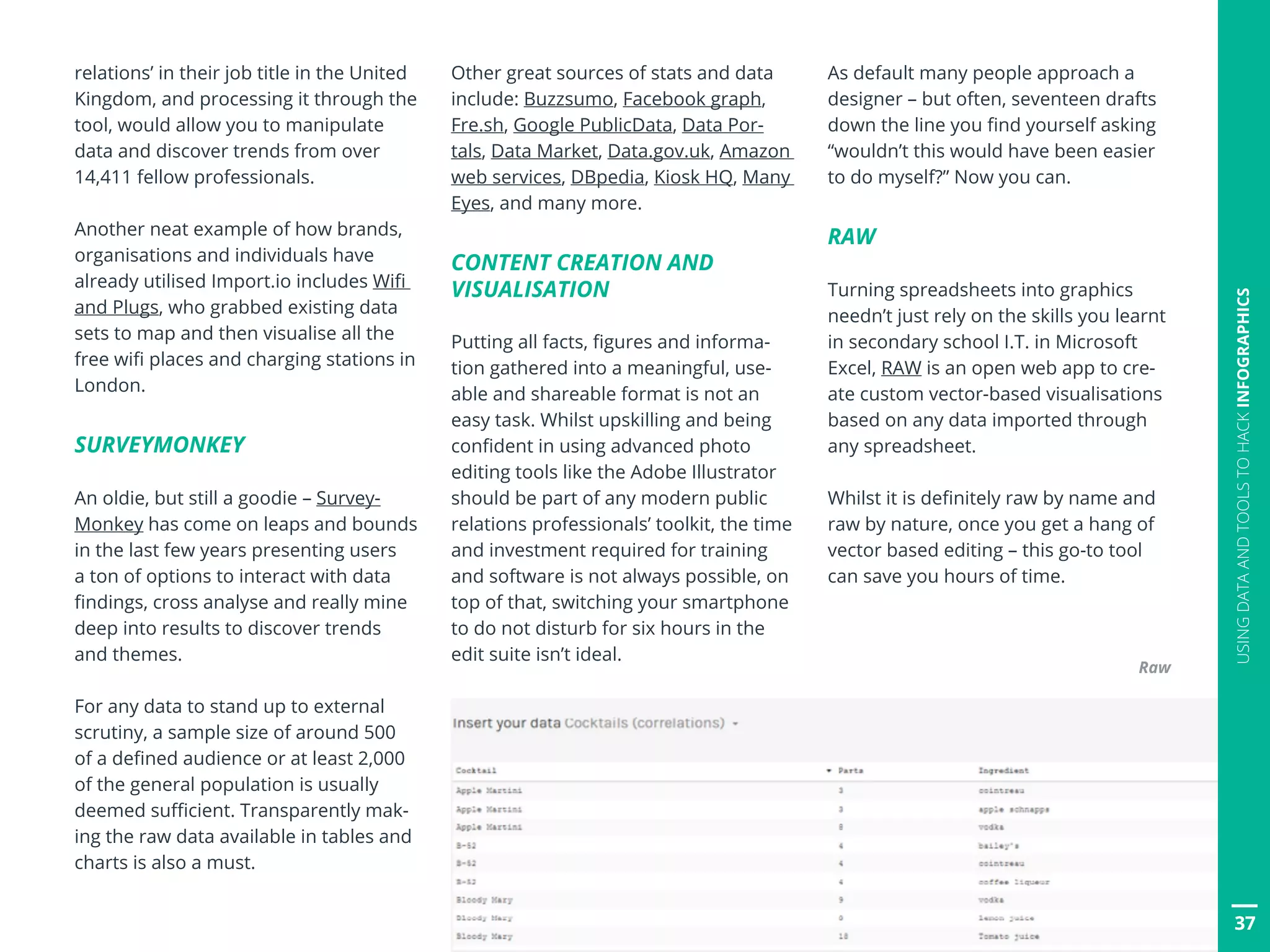 37
USINGDATAANDTOOLSTOHACKINFOGRAPHICS
relations’ in their job title in the United
Kingdom, and processing it through the
tool, would allow you to manipulate
data and discover trends from over
14,411 fellow professionals.
Another neat example of how brands,
organisations and individuals have
already utilised Import.io includes Wifi
and Plugs, who grabbed existing data
sets to map and then visualise all the
free wifi places and charging stations in
London.
SURVEYMONKEY
An oldie, but still a goodie – Survey-
Monkey has come on leaps and bounds
in the last few years presenting users
a ton of options to interact with data
findings, cross analyse and really mine
deep into results to discover trends
and themes.
For any data to stand up to external
scrutiny, a sample size of around 500
of a defined audience or at least 2,000
of the general population is usually
deemed sufficient. Transparently mak-
ing the raw data available in tables and
charts is also a must.
Other great sources of stats and data
include: Buzzsumo, Facebook graph,
Fre.sh, Google PublicData, Data Por-
tals, Data Market, Data.gov.uk, Amazon
web services, DBpedia, Kiosk HQ, Many
Eyes, and many more.
CONTENT CREATION AND
VISUALISATION
Putting all facts, figures and informa-
tion gathered into a meaningful, use-
able and shareable format is not an
easy task. Whilst upskilling and being
confident in using advanced photo
editing tools like the Adobe Illustrator
should be part of any modern public
relations professionals’ toolkit, the time
and investment required for training
and software is not always possible, on
top of that, switching your smartphone
to do not disturb for six hours in the
edit suite isn’t ideal.
As default many people approach a
designer – but often, seventeen drafts
down the line you find yourself asking
“wouldn’t this would have been easier
to do myself?” Now you can.
RAW
Turning spreadsheets into graphics
needn’t just rely on the skills you learnt
in secondary school I.T. in Microsoft
Excel, RAW is an open web app to cre-
ate custom vector-based visualisations
based on any data imported through
any spreadsheet.
Whilst it is definitely raw by name and
raw by nature, once you get a hang of
vector based editing – this go-to tool
can save you hours of time.
37
Raw
 