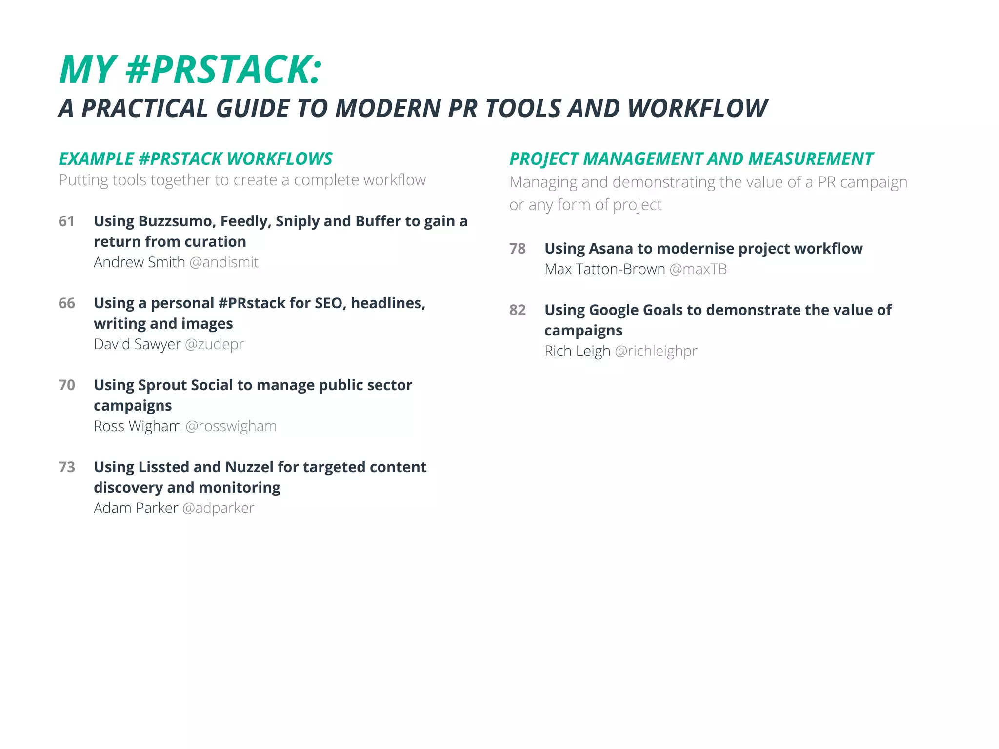 EXAMPLE #PRSTACK WORKFLOWS
Putting tools together to create a complete workflow
61	 Using Buzzsumo, Feedly, Sniply and Buffer to gain a
	 return from curation
	 Andrew Smith @andismit
66	 Using a personal #PRstack for SEO, headlines,
	 writing and images
	 David Sawyer @zudepr
70	 Using Sprout Social to manage public sector
	campaigns
	 Ross Wigham @rosswigham
73	 Using Lissted and Nuzzel for targeted content
	 discovery and monitoring
	 Adam Parker @adparker
PROJECT MANAGEMENT AND MEASUREMENT
Managing and demonstrating the value of a PR campaign
or any form of project
78	 Using Asana to modernise project workflow
	 Max Tatton-Brown @maxTB
82	 Using Google Goals to demonstrate the value of 	
	campaigns
	 Rich Leigh @richleighpr
MY #PRSTACK:
A PRACTICAL GUIDE TO MODERN PR TOOLS AND WORKFLOW
 