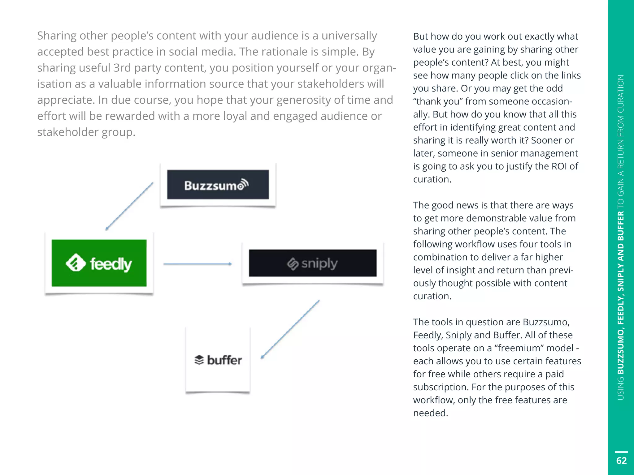 62
USINGBUZZSUMO,FEEDLY,SNIPLYANDBUFFERTOGAINARETURNFROMCURATION
Sharing other people’s content with your audience is a universally
accepted best practice in social media. The rationale is simple. By
sharing useful 3rd party content, you position yourself or your organ-
isation as a valuable information source that your stakeholders will
appreciate. In due course, you hope that your generosity of time and
effort will be rewarded with a more loyal and engaged audience or
stakeholder group.
But how do you work out exactly what
value you are gaining by sharing other
people’s content? At best, you might
see how many people click on the links
you share. Or you may get the odd
“thank you” from someone occasion-
ally. But how do you know that all this
effort in identifying great content and
sharing it is really worth it? Sooner or
later, someone in senior management
is going to ask you to justify the ROI of
curation.
The good news is that there are ways
to get more demonstrable value from
sharing other people’s content. The
following workflow uses four tools in
combination to deliver a far higher
level of insight and return than previ-
ously thought possible with content
curation.
The tools in question are Buzzsumo,
Feedly, Sniply and Buffer. All of these
tools operate on a “freemium” model -
each allows you to use certain features
for free while others require a paid
subscription. For the purposes of this
workflow, only the free features are
needed.
 