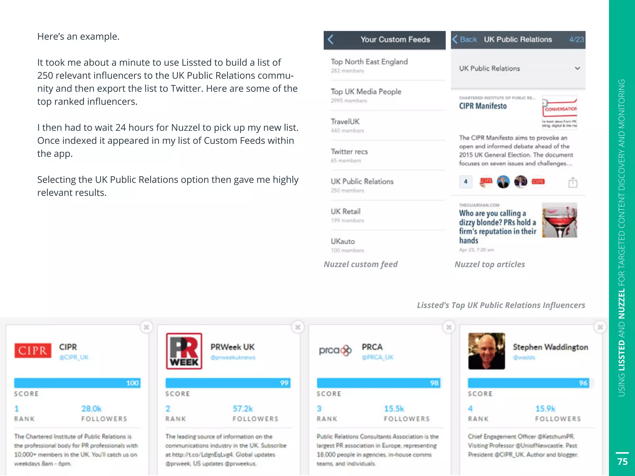 75
USINGLISSTEDANDNUZZELFORTARGETEDCONTENTDISCOVERYANDMONITORING
Here’s an example.
It took me about a minute to use Lissted to build a list of
250 relevant influencers to the UK Public Relations commu-
nity and then export the list to Twitter. Here are some of the
top ranked influencers.
I then had to wait 24 hours for Nuzzel to pick up my new list.
Once indexed it appeared in my list of Custom Feeds within
the app.
Selecting the UK Public Relations option then gave me highly
relevant results.
Nuzzel custom feed Nuzzel top articles
Lissted’s Top UK Public Relations Influencers
 