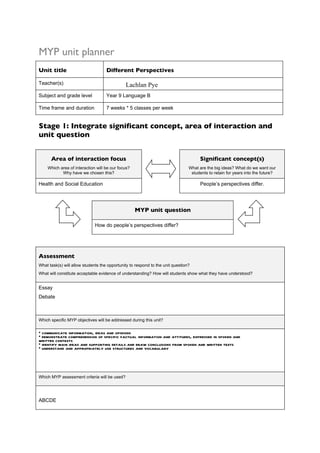 MYP unit planner
Unit title                          Different Perspectives

Teacher(s)                                    Lachlan Pye
Subject and grade level             Year 9 Language B

Time frame and duration             7 weeks * 5 classes per week


Stage 1: Integrate significant concept, area of interaction and
unit question


      Area of interaction focus                                                       Significant concept(s)
    Which area of interaction will be our focus?                                What are the big ideas? What do we want our
           Why have we chosen this?                                              students to retain for years into the future?

Health and Social Education                                                           People’s perspectives differ.




                                                   MYP unit question

                              How do people’s perspectives differ?




Assessment
What task(s) will allow students the opportunity to respond to the unit question?
What will constitute acceptable evidence of understanding? How will students show what they have understood?


Essay
Debate



Which specific MYP objectives will be addressed during this unit?

• communicate information, ideas and opinions
• demonstrate comprehension of specific factual information and attitudes, expressed in spoken and
written contexts
• identify main ideas and supporting details and draw conclusions from spoken and written texts
• understand and appropriately use structures and vocabulary




Which MYP assessment criteria will be used?




ABCDE
 