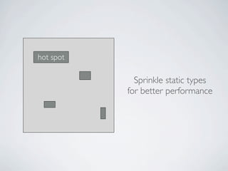 hot spot

             Sprinkle static types
           for better performance
 
