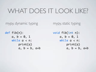 WHAT DOES IT LOOK LIKE?
mypy, dynamic typing    mypy, static typing

def fib(n):             void fib(int n):
    a, b = 0, 1             a, b = 0, 1
    while a < n:            while a < n:
        print(a)                print(a)
        a, b = b, a+b           a, b = b, a+b
 
