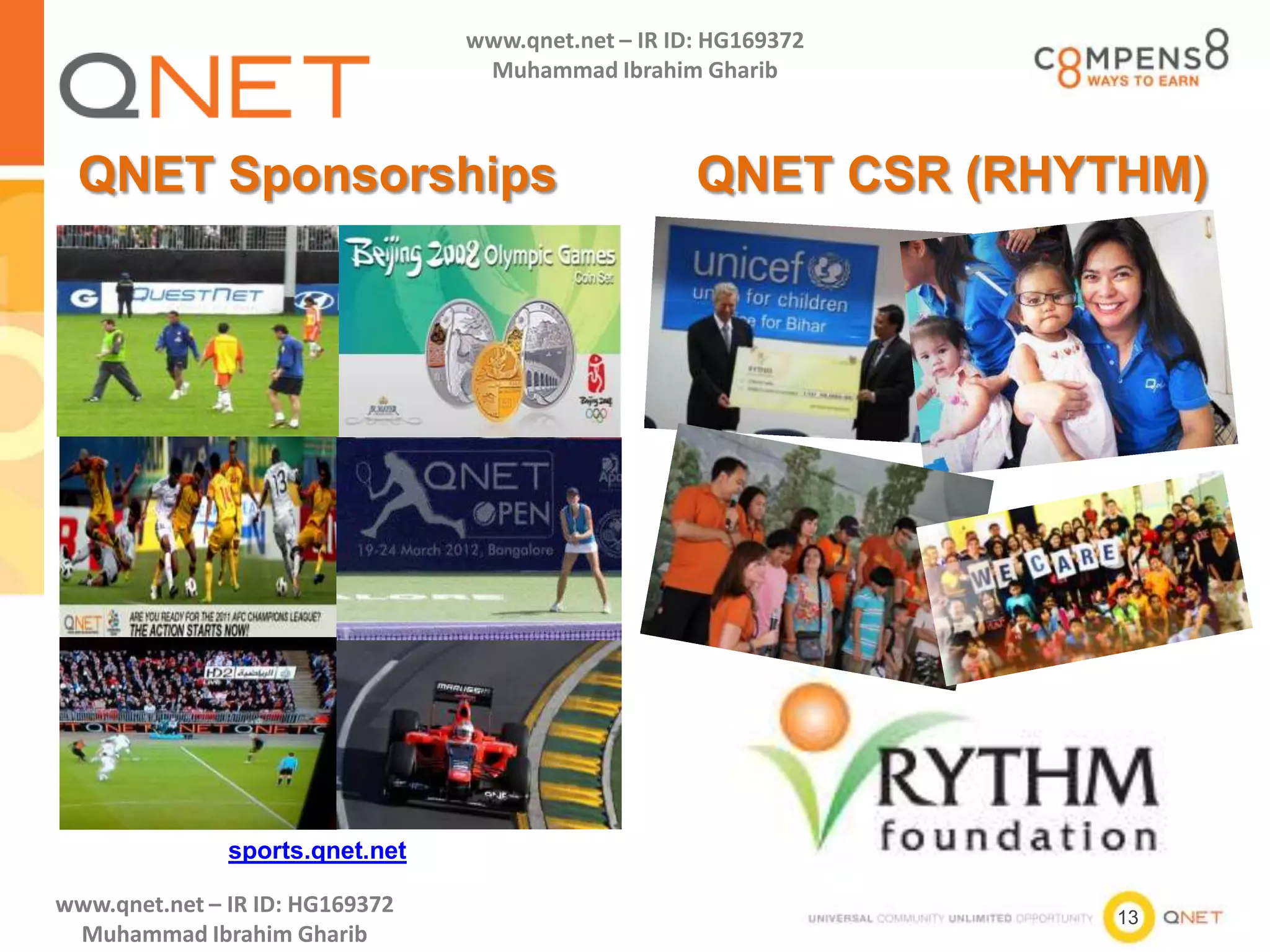 13
www.qnet.net – IR ID: HG169372
Muhammad Ibrahim Gharib
www.qnet.net – IR ID: HG169372
Muhammad Ibrahim Gharib
QNET Sponsorships QNET CSR (RHYTHM)
sports.qnet.net
 