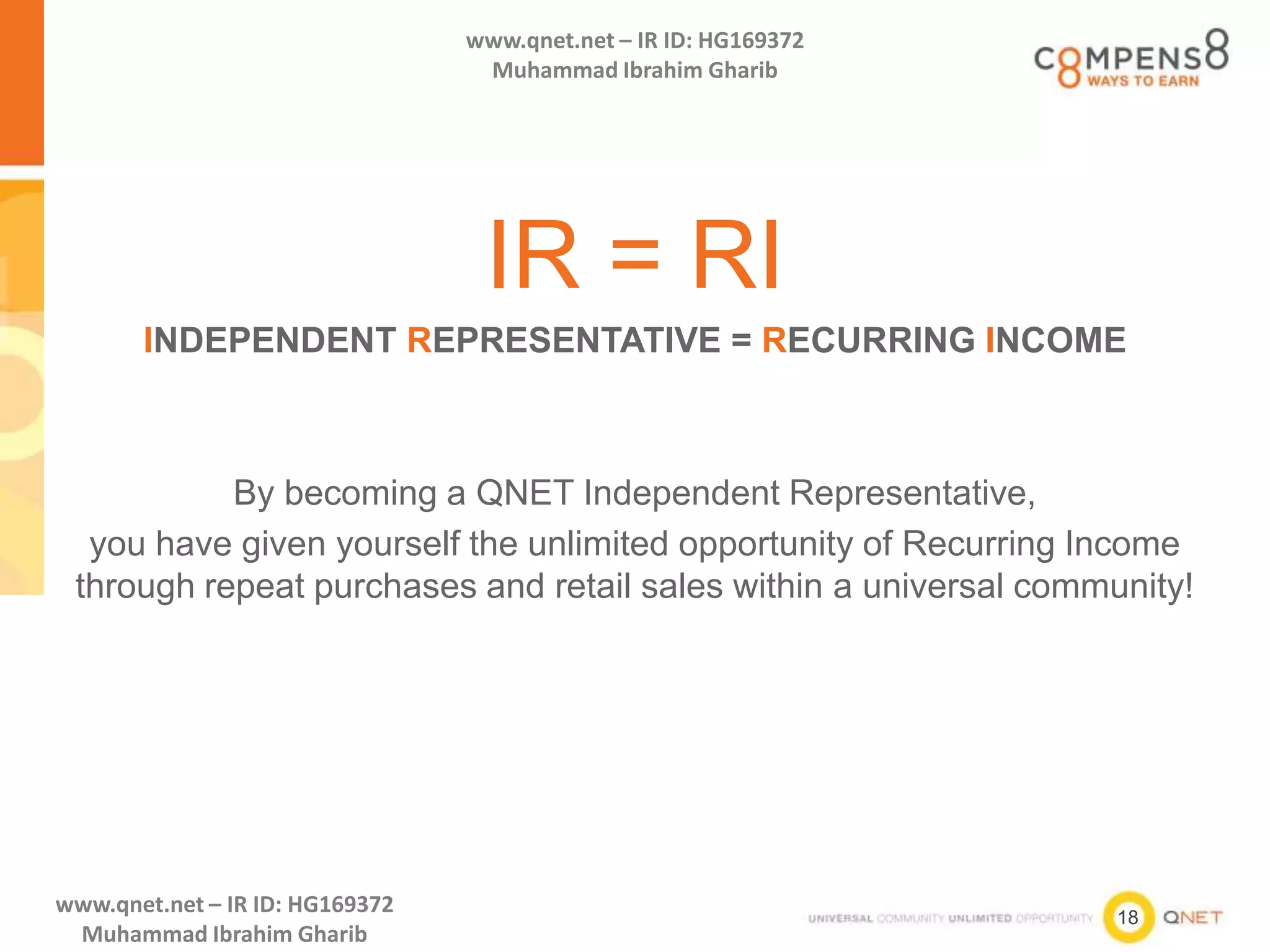 18
www.qnet.net – IR ID: HG169372
Muhammad Ibrahim Gharib
www.qnet.net – IR ID: HG169372
Muhammad Ibrahim Gharib
IR = RI
INDEPENDENT REPRESENTATIVE = RECURRING INCOME
By becoming a QNET Independent Representative,
you have given yourself the unlimited opportunity of Recurring Income
through repeat purchases and retail sales within a universal community!
 