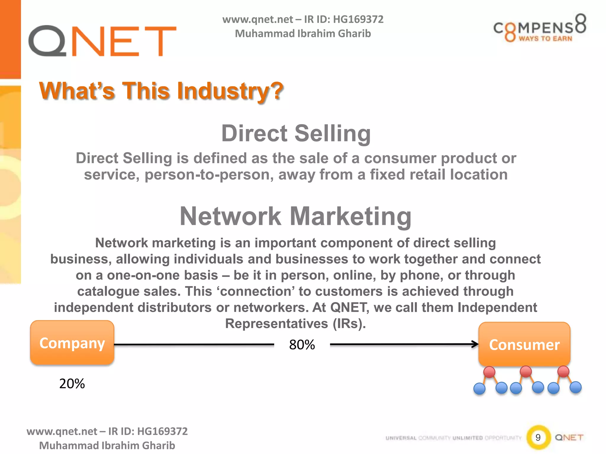9
www.qnet.net – IR ID: HG169372
Muhammad Ibrahim Gharib
www.qnet.net – IR ID: HG169372
Muhammad Ibrahim Gharib
What’s This Industry?
Network Marketing
Network marketing is an important component of direct selling
business, allowing individuals and businesses to work together and connect
on a one-on-one basis – be it in person, online, by phone, or through
catalogue sales. This ‘connection’ to customers is achieved through
independent distributors or networkers. At QNET, we call them Independent
Representatives (IRs).
Company Consumer
20%
80%
Direct Selling
Direct Selling is defined as the sale of a consumer product or
service, person-to-person, away from a fixed retail location
 