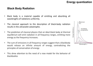 Energy quantization
• Black body is a material capable of emitting and absorbing all
wavelengths of radiations uniformly.
• The classical approach to the description of black-body radiation
results in the ultraviolet catastrophe.
• The prediction of classical physics that an ideal black body at thermal
equilibrium will emit radiation in all frequency ranges, emitting more
energy as the frequency increases.
• The sum of emissions in all frequency ranges suggest that a blackbody
would release an infinite amount of energy, contradicting the
principles of conservation of energy
• This drew attention to the need of a new model for the behavior of
blackbodies
Black Body Radiation
 