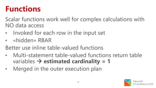 18
Functions
Scalar functions work well for complex calculations with
NO data access
• Invoked for each row in the input set
• «hidden» RBAR
Better use inline table-valued functions
• Multi-statement table-valued functions return table
variables  estimated cardinality = 1
• Merged in the outer execution plan
 