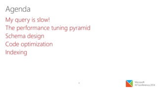 3
Agenda
My query is slow!
The performance tuning pyramid
Schema design
Code optimization
Indexing
 