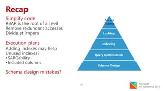 35
Recap
Simplify code
RBAR is the root of all evil
Remove redundant accesses
Divide et impera
Execution plans
Adding indexes may help
Unused indexes?
SARGability
Included columns
Schema design mistakes?
 