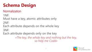 7
Schema Design
Normalization
1NF:
Must have a key, atomic attributes only
2NF:
Each attribute depends on the whole key
3NF:
Each attribute depends only on the key
«The key, the whole key and nothing but the key,
so help me Codd»
 