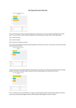My Questionnaire Results.
This was the firstquestion I asked, I was aboutthelighting onmy images. As you can seeby the replies, the lighting could have been
better. I’mnotsure ifwhenI edited I made the imagedarker owehen taking theactual image I didn’t used the rightsettings.
I got 3 answers for perfect
I got 3 answers for alright
I got 4 answers for not badbutnot the best.
These results show, althoughmostpeople thought the lighting was ‘Not bad but not thebest’.Therewas also 6 results that werebetter
than ‘Not bad but notthebest’.
I asked this question tosee ifpeoplehad liked the colour editing on theseimages. Theresults I got showed thatthemajority ofpeople
thought it was alright,and3 peoplethoughtit was perfect but also 2 peoplethought itwas ‘Not bad but not thebest’.
On this, I wanted to assess theoverall editing on my images,I gatheredthat60%ofpeopleI askedthrough the editing I did suitedmy
image andjust20%ofpeople thoughtnot really. Whileanother 20% thought it‘kind of’ suited it.
 