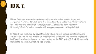 ID X, Y.
X is an American actor, writer, producer, director, comedian, rapper, singer, and
songwriter. X attended DeKalb School of the Arts and was voted "Most Likely to Write
for The Simpsons" in his high school yearbook. X graduated from New York
University's Tisch School of the Arts with a degree in dramatic writing in 2006.
In 2006, X was contacted by David Miner, to whom he sent writing samples including
a spec script that he had written for The Simpsons. Miner and Tina Fey were impressed
by X's work and invited him to become a writer for the NBC series 30 Rock. He currently
stars in the TV series Y, which he also created.
7
 