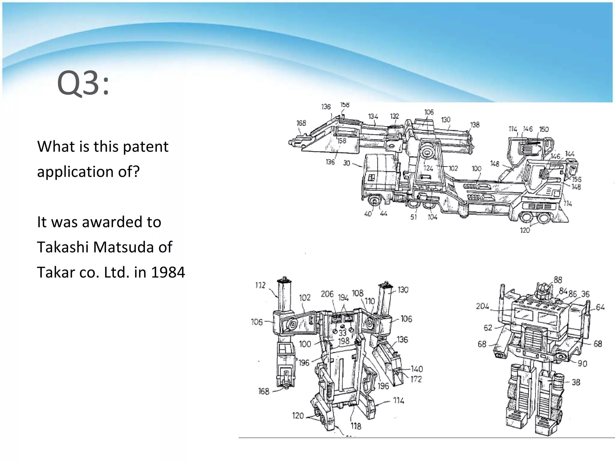 Q3: What is this patent  application of? It was awarded to Takashi Matsuda of  Takar co. Ltd. in 1984 