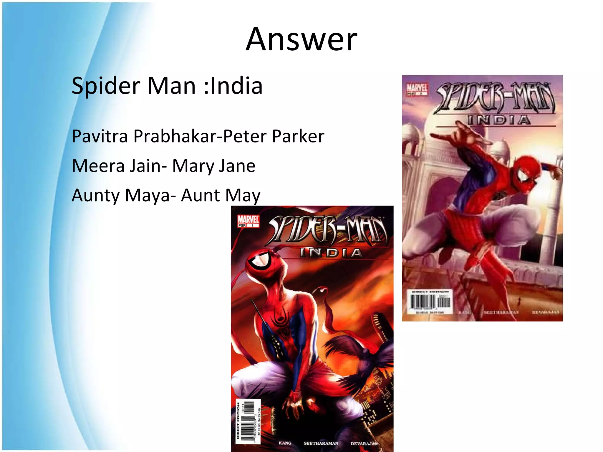 Spider Man :India Pavitra Prabhakar-Peter Parker Meera Jain- Mary Jane Aunty Maya- Aunt May  Answer 