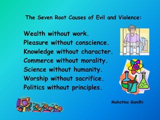 The Seven Root Causes of Evil and Violence:


Wealth without work.
Pleasure without conscience.
Knowledge without character.
Commerce without morality.
Science without humanity.
Worship without sacrifice.
Politics without principles.

                               Mahatma Gandhi
 
