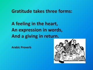 Gratitude takes three forms:

A feeling in the heart,
An expression in words,
And a giving in return.

Arabic Proverb
 