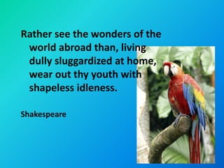 Rather see the wonders of the
 world abroad than, living
 dully sluggardized at home,
 wear out thy youth with
 shapeless idleness.

Shakespeare
 