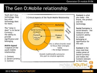Generation O: module 01/06


The Gen O:Mobile relationship
Youth don’t buy                                                                                    Content is what
technology, they      3 Critical Aspects of the Youth:Mobile Relationship                          you make - the
buy what                                                                                           brand, the product
technology does                                                                                    and the
for them.                                                                                          technology.




                                                                       Cu
                              Context                     Marketing




                                                                          st
                                                                        om Ch en
                              (the story)




                                                                          er a n g t s
The “what it                                                                                       Social Currency is




                                                                            s
does” is its Social        Social Currency                Innovation                               social benefit - the




                                                                              Ag
Currency -                   (the benefit)
                                                                                                   measure of the




                                                                                  e
the ability to                Content                      Product                                 Content’s ability




                                                                                       Co
provide                                                     Devt                                   to create




                                                                                         m
                              (what you




                                                                                           pa
significance and                make)                                                              belonging or




                                                                                              ny
belonging.                                                                                         significance for
                                                   this is where brands need                       the user.
Mobile Appeal                                        to focus their energies
3 aspects of the                                              today                                Context is the
youth mobile                                          - the bridge between                         story told that
relationship:                                                                                      makes sense of
                                        brands traditionally outsource                             Social Currency
1. Content                              this part to creative agencies                             and makes the
2. Social Currency                                                                                 Content relevant
3. Context                                                                                         to their lives.

                                                                MOBILEYOUTH
                                                                     youth marketing mobile culture since 2001
                                                                                                               ®


 2012 MOBILEYOUTH® REPORT
 