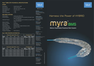 Harness the Power of HYBRID
TM
Myra BMS ORDERING INFORMATION
TM
Myra BMS OTW TECHNICAL SPECIFICATIONS
STENT
Stent Material
Strut Thickness
Stent Diameters (mm)
Stent Lengths (mm)
Mean Recoil
Mean Foreshortening
: Cobalt Chromium L605
: 120 µm (0.120 mm)
: 5.00, 6.00, 7.00, 8.00, 9.00, 10.00
: 17, 27, 37, 47, 57
: <4.0%
: ≤1.0%
DELIVERY SYSTEM
Delivery System
Nominal Pressure
Rated Bust Pressure
Balloon Overhang
Shaft Outer Diameter
Balloon Material
Radiopaque Makers
Usable Cather Length
Recommended Minimum
Sheath / Introducer
Guidewire Compatibility
: Over-the-wire (OTW) 0.035"
: 8 / 10 atm depending upon the diameter and length of stent
(Refer the table below)
: 11 - 14 atm depending upon the diameter and length of stent
(Refer the table below)
: 1.5 mm
: Proximal-5F
: Semi-Compliant
: 2-Platinum Iridium swaged radiopaque markers
: 80 cm and 135 cm
: 6 / 7F
: 0.035" (0.89 mm)
Diameter/
Length
17mm 27mm 37mm 47mm
5mm
6mm
7mm
8mm
9mm
10mm
MYB05017A
MYB06017A
MYB07017A
MYB08017A
MYB09017A
MYB10017A
MYA05027A
MYA06027A
MYA07027A
MYA08027A
MYA09027A
MYA10027A
MYA05037A
MYA06037A
MYA07037A
MYA08037A
MYA09037A
MYA10037A
MYA05047A
MYA06047A
MYA07047A
MYA08047A
MYA09047A
MYA10047A
Usable Shaft Length (OTW) - 80 cm
57mm
MYA05057A
MYA06057A
MYA07057A
MYA08057A
MYA09057A
MYA10057A
Sheath
Compatibility
Nominal
Pressure
Rated Burst
Pressure
6F
6F
6F
6F
6F
7F
10 ATM
10 ATM
10 ATM
8 ATM
8 ATM
8 ATM
14 ATM
14 ATM
13 ATM
12 ATM
12 ATM
11 ATM
Compliance Chart
Diameter/
Length
17mm 27mm 37mm 47mm
5mm
6mm
7mm
8mm
9mm
10mm
MYB05017B
MYB06017B
MYB07017B
MYB08017B
MYB09017B
MYB10017B
MYB05027B
MYB06027B
MYB07027B
MYB08027B
MYB09027B
MYB10027B
MYB05037B
MYB06037B
MYB07037B
MYB08037B
MYB09037B
MYB10037B
MYB05047B
MYB06047B
MYB07047B
MYB08047B
MYB09047B
MYB10047B
Usable Shaft Length (OTW) - 135 cm
57mm
MYB05057B
MYB06057B
MYB07057B
MYB08057B
MYB09057B
MYB10057B
Sheath
Compatibility
Nominal
Pressure
Rated Burst
Pressure
6F
6F
6F
6F
6F
7F
10 ATM
10 ATM
10 ATM
8 ATM
8 ATM
8 ATM
14 ATM
14 ATM
13 ATM
12 ATM
12 ATM
11 ATM
Compliance Chart
MYB/BROCHURE/003/20200304/GLOBAL
E askinfo@merillife.com
W www.merillife.com
Manufacturer:
Meril Life Sciences Pvt. Ltd.
Survey No. 135/139, Bilakhia House,
Muktanand Marg, Chala, Vapi - 396 191.
Gujarat. India.
T +91 260 305 2100
F +91 260 305 2125
Subsidiary companies:
Meril Life Sciences Pvt. Ltd.
301, A-Wing, Business Square,
Chakala, Andheri Kurla Road,
Andheri East, Mumbai 400 093
T +91 22 39350700
F +91 22 39350777
Meril, Inc.
2436 Emrick Boulevard,
Bethlehem, PA 18020
T +610 500 2080
F +610 317 1672
Meril South America
Doc Med LTDA
Al. dos Tupiniquins,
1079 - Cep: 04077-003 - Moema.
Sao Paulo. Brazil.
T +55 11 3624 5935
F +55 11 3624 5936
Meril GmbH.
Bornheimer Strasse 135-137,
D-53119 Bonn.
Germany.
T +49 228 7100 4000
F +49 228 7100 4001
Meril Tibbi Cihazlar
Meril Tıbbi Cihazlar İmalat ve Ticaret A.Ş.
İçerenköy Mah. Çetinkaya Sok.
Prestij Plaza No:28
Kat:4 Ataşehir, 34752
İstanbul / Turkey
T +90 216 641 44 24
F +90 216 641 44 25
Meril China Co. Ltd.
2301b,23f, Lixin Plaza,
no 90,South Hubin Road,
Xiamen, China
T 0086-592-5368505
F 0086-592-5368519
Meril SA Pty. Ltd.
102, 104, S101 and S102,
Boulevard West Ofce Park,
142 Western Service Road,
Erf 813 Woodmead Extension 17
Sandton, Johannesburg – 2191
South Africa
T +27 11 465-2049
F +27 86 471 7941
Meril Medical LLC.
Nauchnyi Proezd 19,
Moscow , Russia – 117 246.
Ofce - +7 495 772 7643
EU representative.
Obelis S.A.
Bd, General Wahis 53,
1030, Brussels, Belgium.
T +32 2 732 5954
F +32 2 732 6003
E mail@obelis.net
 