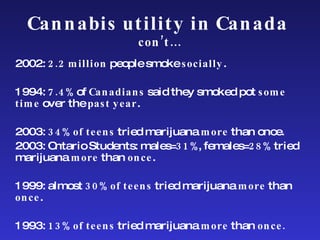 Cannabis utility in Canada  con’t… 2002:  2.2 million  people smoke  socially . 1994:  7.4%  of  Canadians  said they smoked pot  some time  over the  past year . 2003:  34%   of teens  tried marijuana  more  than once. 2003: Ontario Students: males= 31% , females= 28%  tried marijuana  more  than  once . 1999: almost  30% of teens  tried marijuana  more  than  once . 1993:  13% of teens  tried marijuana  more  than  once. 