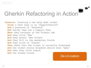 Gherkin Refactoring in Action
Scenario: Creating a new help desk ticket
Given a User Logs in as “SupportUser123”
And a password of “Passw0rd”
And verify they are a Support User
When they navigate to the Tickets tab
And they click “New”
And they select “New Ticket”
And they fill in the mandatory fields
And they click on “Create”
Then check that the ticket is correctly displayed
And the ticket status dropdown should show “Open”
And then they click Logout
And the window closes
De-UI-ication
 