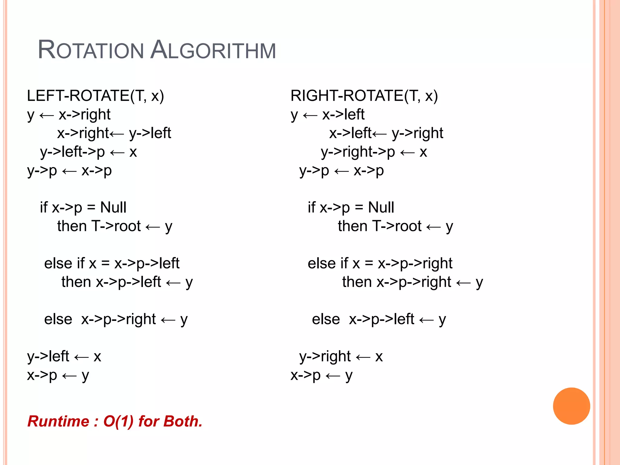 ROTATION ALGORITHM
LEFT-ROTATE(T, x)
y ← x->right
x->right← y->left
y->left->p ← x
y->p ← x->p
if x->p = Null
then T->root ← y
else if x = x->p->left
then x->p->left ← y
else x->p->right ← y
y->left ← x
x->p ← y
RIGHT-ROTATE(T, x)
y ← x->left
x->left← y->right
y->right->p ← x
y->p ← x->p
if x->p = Null
then T->root ← y
else if x = x->p->right
then x->p->right ← y
else x->p->left ← y
y->right ← x
x->p ← y
Runtime : O(1) for Both.
 