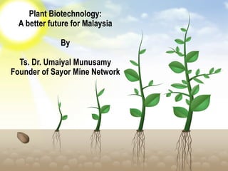 Plant Biotechnology:
A better future for Malaysia
By
Ts. Dr. Umaiyal Munusamy
Founder of Sayor Mine Network
 