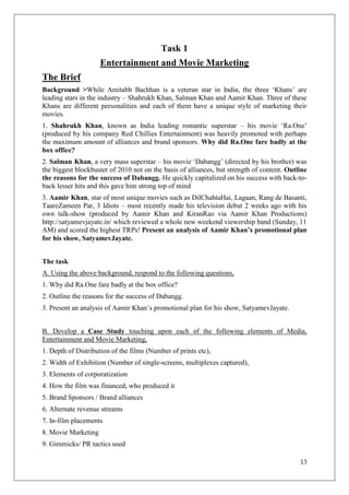 Task 1
                     Entertainment and Movie Marketing
The Brief
Background >While Amitabh Bachhan is a veteran star in India, the three ‗Khans‘ are
leading stars in the industry – Shahrukh Khan, Salman Khan and Aamir Khan. Three of these
Khans are different personalities and each of them have a unique style of marketing their
movies.
1. Shahrukh Khan, known as India leading romantic superstar – his movie ‗Ra.One‘
(produced by his company Red Chillies Entertainment) was heavily promoted with perhaps
the maximum amount of alliances and brand sponsors. Why did Ra.One fare badly at the
box office?
2. Salman Khan, a very mass superstar – his movie ‗Dabangg‘ (directed by his brother) was
the biggest blockbuster of 2010 not on the basis of alliances, but strength of content. Outline
the reasons for the success of Dabangg. He quickly capitalized on his success with back-to-
back lesser hits and this gave him strong top of mind
3. Aamir Khan, star of most unique movies such as DilChahtaHai, Lagaan, Rang de Basanti,
TaareZameen Par, 3 Idiots – most recently made his television debut 2 weeks ago with his
own talk-show (produced by Aamir Khan and KiranRao via Aamir Khan Productions)
http://satyamevjayate.in/ which reviewed a whole new weekend viewership band (Sunday, 11
AM) and scored the highest TRPs! Present an analysis of Aamir Khan’s promotional plan
for his show, SatyamevJayate.


The task
A. Using the above background, respond to the following questions,
1. Why did Ra.One fare badly at the box office?
2. Outline the reasons for the success of Dabangg.
3. Present an analysis of Aamir Khan‘s promotional plan for his show, SatyamevJayate.


B. Develop a Case Study touching upon each of the following elements of Media,
Entertainment and Movie Marketing,
1. Depth of Distribution of the films (Number of prints etc),
2. Width of Exhibition (Number of single-screens, multiplexes captured),
3. Elements of corporatization
4. How the film was financed, who produced it
5. Brand Sponsors / Brand alliances
6. Alternate revenue streams
7. In-film placements
8. Movie Marketing
9. Gimmicks/ PR tactics used

                                                                                            13
 