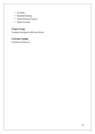 •   Facebook
   •   Roadside Hoarding
   •   Online Discount Coupons
   •   Media Coverage


Target Group
Youngsters and upper middle class family


Customer Insight
Great place to hang out.




                                           62
 