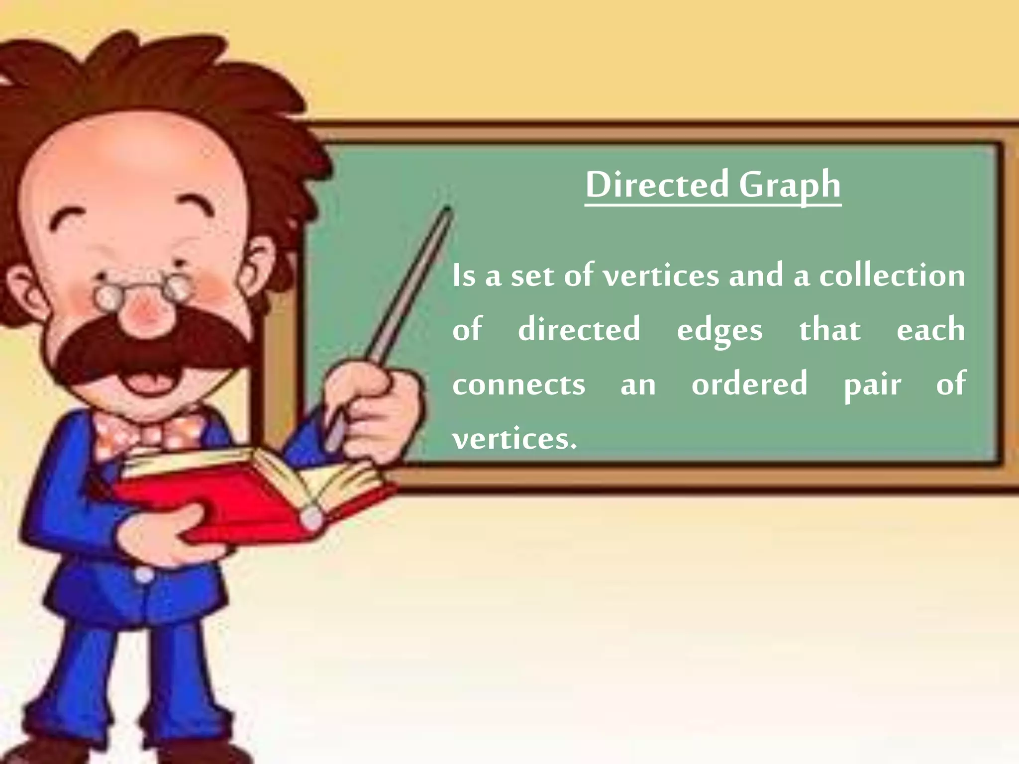 DirectedGraph
Is a set of vertices and a collection
of directed edges that each
connects an ordered pair of
vertices.
 
