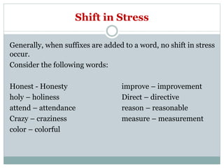 Shift in Stress
Generally, when suffixes are added to a word, no shift in stress
occur.
Consider the following words:
Honest - Honesty improve – improvement
holy – holiness Direct – directive
attend – attendance reason – reasonable
Crazy – craziness measure – measurement
color – colorful
 