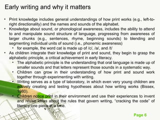 Page 6
Early writing and why it matters
• Print knowledge includes general understandings of how print works (e.g., left-to-
right directionality) and the names and sounds of the alphabet.
• Knowledge about sound, or phonological awareness, includes the ability to attend
to and manipulate sound structure of language, progressing from awareness of
larger chunks (e.g., sentences, rhyme, beginning sounds) to blending and
segmenting individual units of sound (i.e., phonemic awareness)
• for example, the word cat is made up of /c/, /a/, and /t/
• As children integrate their knowledge of print and sound, they begin to grasp the
alphabetic principle, a critical achievement in early literacy.
• The alphabetic principle is the understanding that oral language is made up of
smaller sounds and that letters represent those sounds in a systematic way.
• Children can grow in their understanding of how print and sound work
together through experimenting with writing.
• Writing serves as a type of laboratory, in which even very young children are
actively creating and testing hypotheses about how writing works (Bissex,
1980).
• Children notice print in their environment and use their experiences to invent
and revise ideas about the rules that govern writing, “cracking the code” of
literacy one piece at a time.
 
