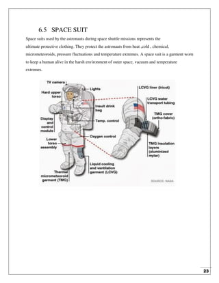 23
6.5 SPACE SUIT
Space suits used by the astronauts during space shuttle missions represents the
ultimate protective clothing. They protect the astronauts from heat ,cold , chemical,
micrometeoroids, pressure fluctuations and temperature extremes. A space suit is a garment worn
to keep a human alive in the harsh environment of outer space, vacuum and temperature
extremes.
 