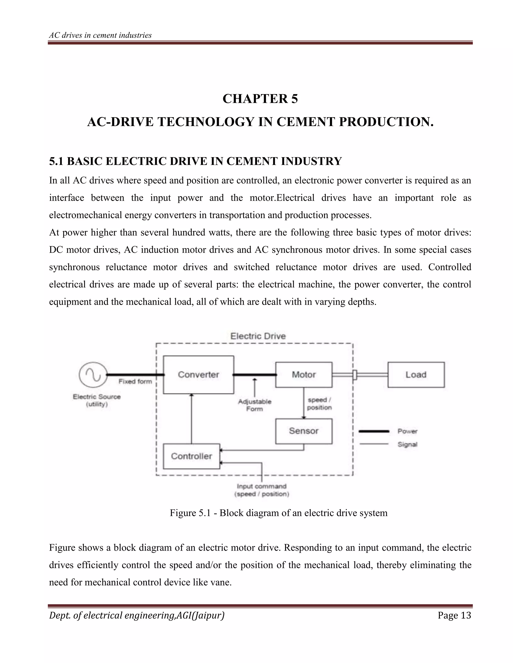 AC drives in cement industries
Dept. of electrical engineering,AGI(Jaipur) Page 13
CHAPTER 5
AC-DRIVE TECHNOLOGY IN CEMENT PRODUCTION.
5.1 BASIC ELECTRIC DRIVE IN CEMENT INDUSTRY
In all AC drives where speed and position are controlled, an electronic power converter is required as an
interface between the input power and the motor.Electrical drives have an important role as
electromechanical energy converters in transportation and production processes.
At power higher than several hundred watts, there are the following three basic types of motor drives:
DC motor drives, AC induction motor drives and AC synchronous motor drives. In some special cases
synchronous reluctance motor drives and switched reluctance motor drives are used. Controlled
electrical drives are made up of several parts: the electrical machine, the power converter, the control
equipment and the mechanical load, all of which are dealt with in varying depths.
Figure 5.1 - Block diagram of an electric drive system
Figure shows a block diagram of an electric motor drive. Responding to an input command, the electric
drives efficiently control the speed and/or the position of the mechanical load, thereby eliminating the
need for mechanical control device like vane.
 
