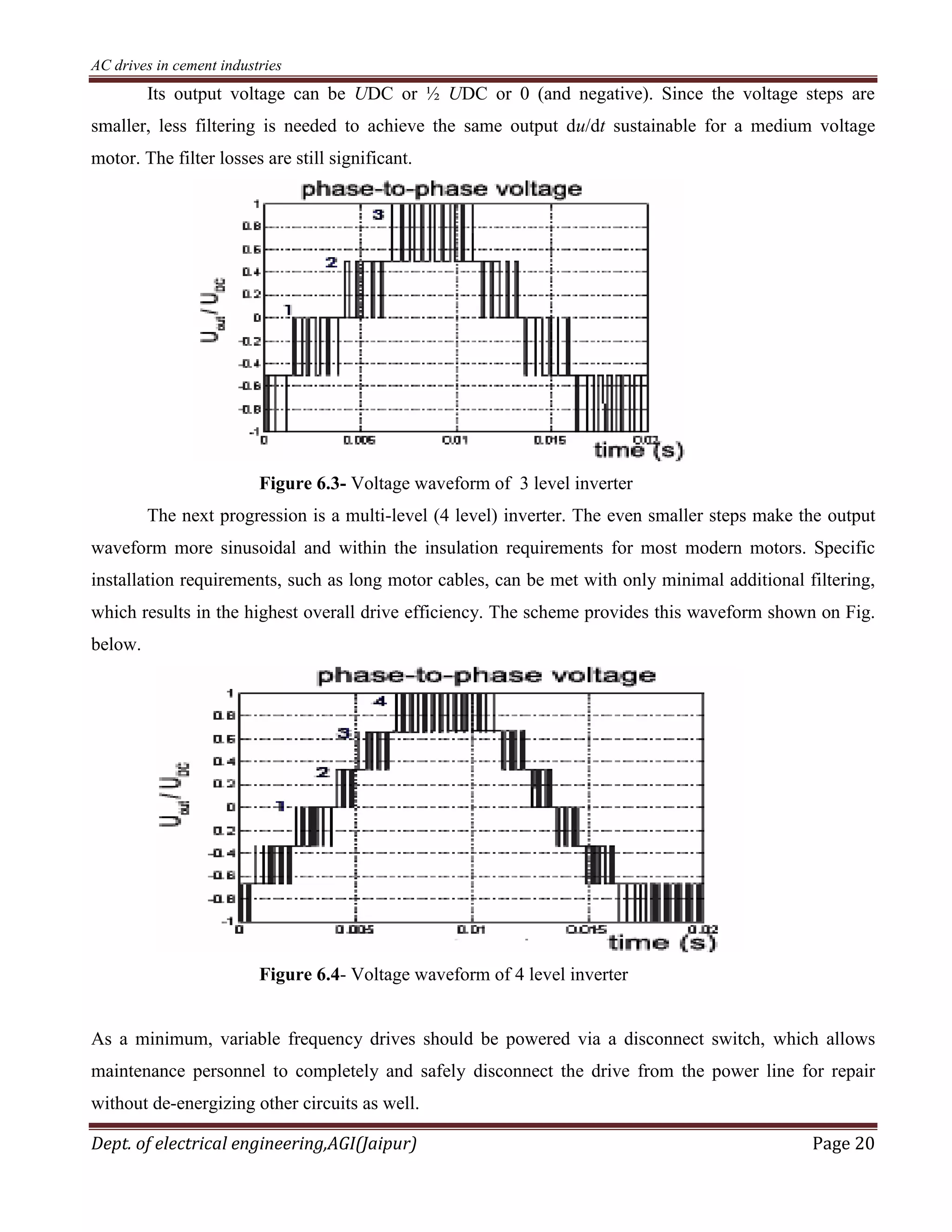 AC drives in cement industries
Dept. of electrical engineering,AGI(Jaipur) Page 20
Its output voltage can be UDC or ½ UDC or 0 (and negative). Since the voltage steps are
smaller, less filtering is needed to achieve the same output du/dt sustainable for a medium voltage
motor. The filter losses are still significant.
Figure 6.3- Voltage waveform of 3 level inverter
The next progression is a multi-level (4 level) inverter. The even smaller steps make the output
waveform more sinusoidal and within the insulation requirements for most modern motors. Specific
installation requirements, such as long motor cables, can be met with only minimal additional filtering,
which results in the highest overall drive efficiency. The scheme provides this waveform shown on Fig.
below.
Figure 6.4- Voltage waveform of 4 level inverter
As a minimum, variable frequency drives should be powered via a disconnect switch, which allows
maintenance personnel to completely and safely disconnect the drive from the power line for repair
without de-energizing other circuits as well.
 