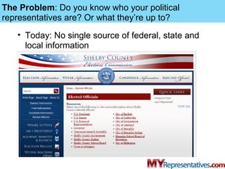The Problem: Do you know who your political
representatives are? Or what they’re up to?
   • Today: No single source of fe...